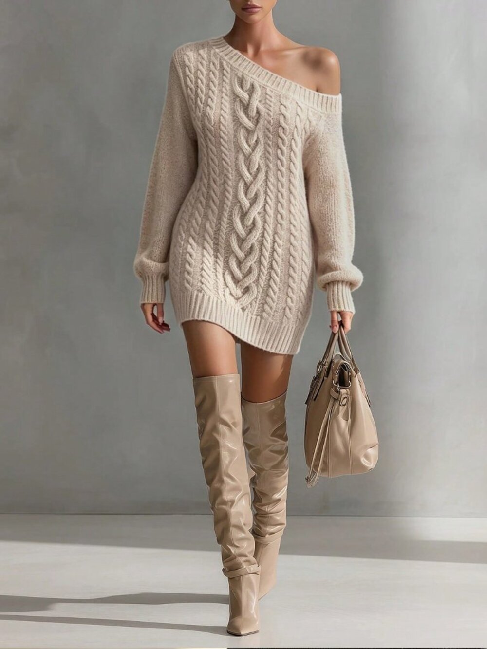 Khaki Casual Women's Asymmetric Collar Knit Dress